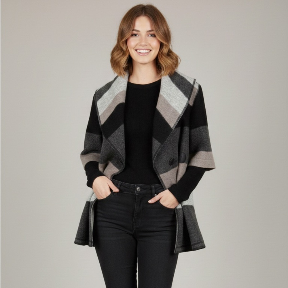 0323 - Elegant Striped Women's Jacket in Black, Gray, and Cream